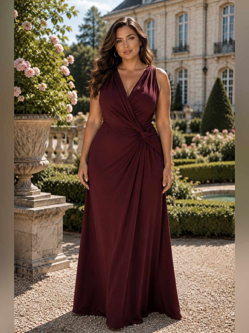 Sleeveless Maroon Maxi Dress with Side Twist Detail
